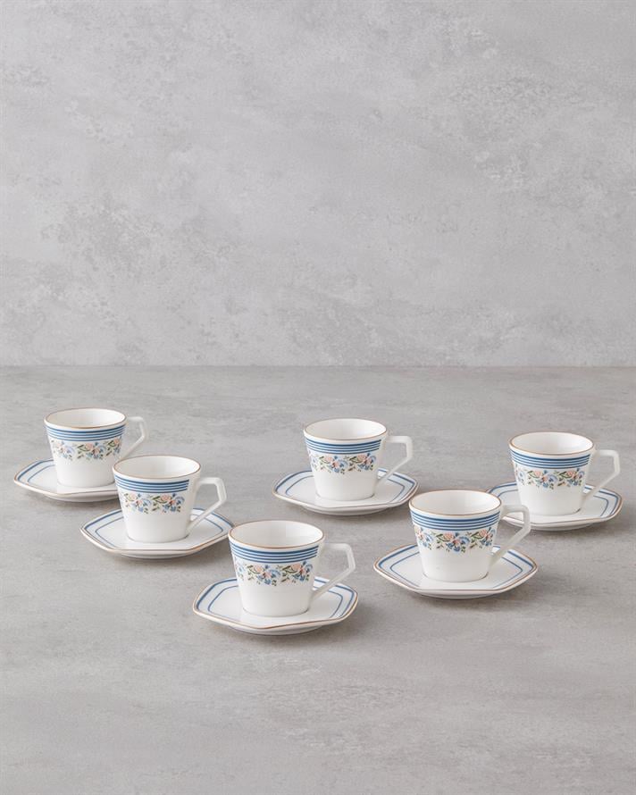 Velour Bone Porselen 12 Parça 6 Kişilik Kahve Fincan Takımı 80 ml Mavi Gold