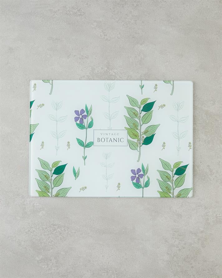 Vintage Botanic Cam Kesme Tahtası 25x35 cm Yeşil-Beyaz