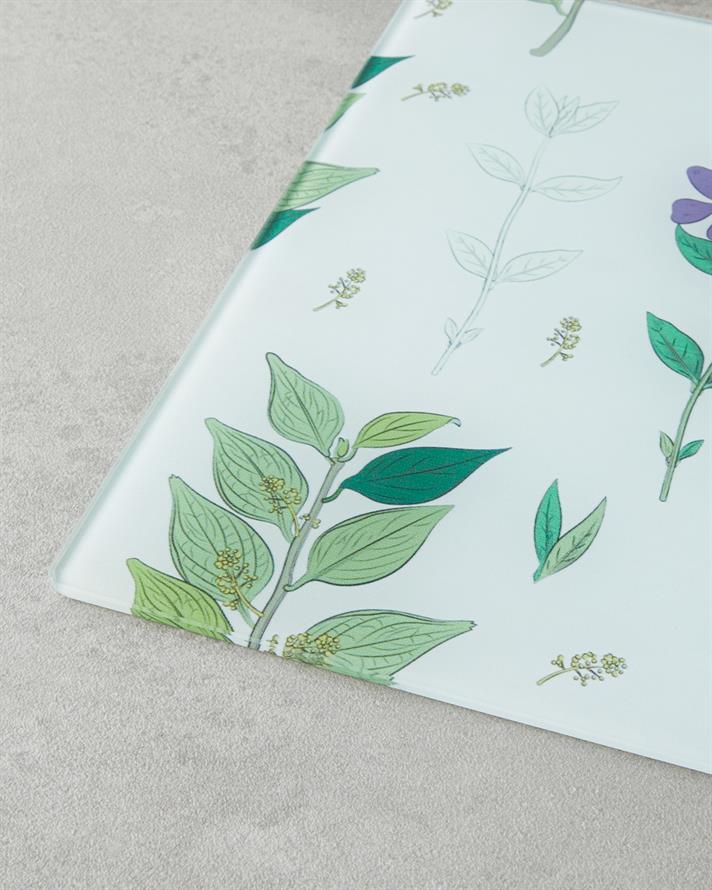 Vintage Botanic Cam Kesme Tahtası 25x35 cm Yeşil-Beyaz