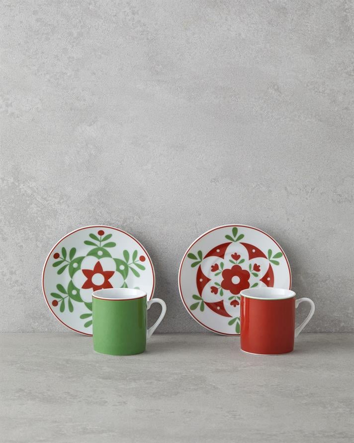 Vivy Porselen 4 Parça 2 Kişilik Kahve Fincan Takımı 80 ml Bordo-Yeşil
