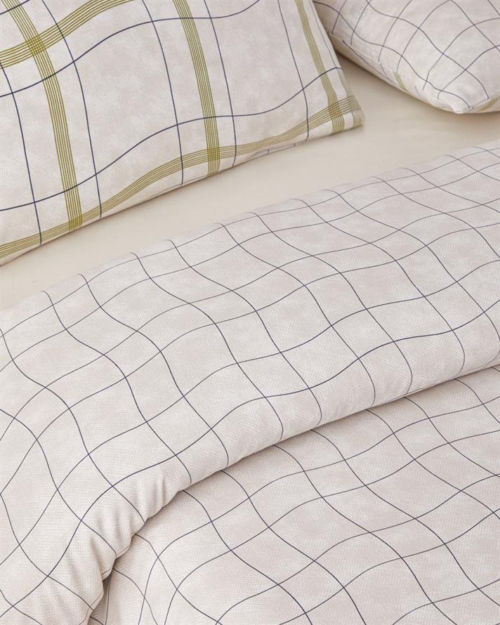 Wave Check Kolay Ütülenir Çift Kişilik Çarşaflı Nevresim Takımı 200x220 cm Açık Yeşil-Bej