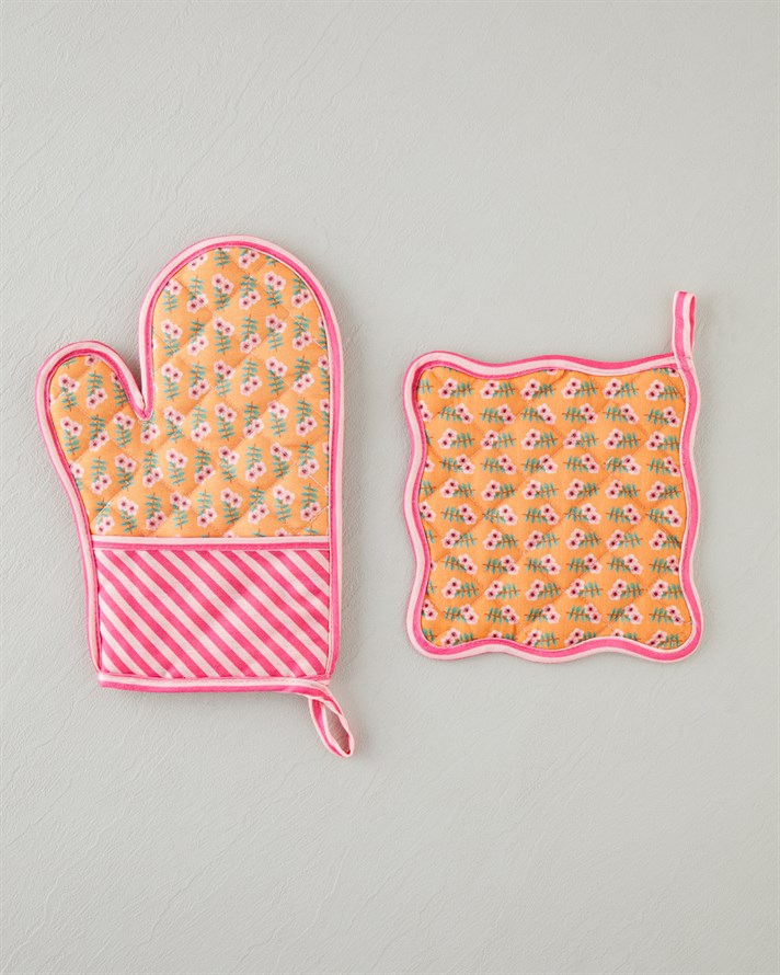 Whispering Petals Fırın Eldiveni ve Tutacak Seti Pembe - Turuncu