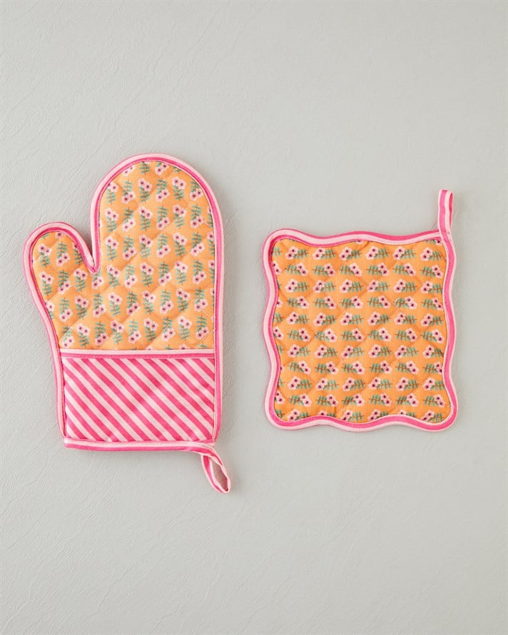 Whispering Petals Fırın Eldiveni ve Tutacak Seti Pembe - Turuncu