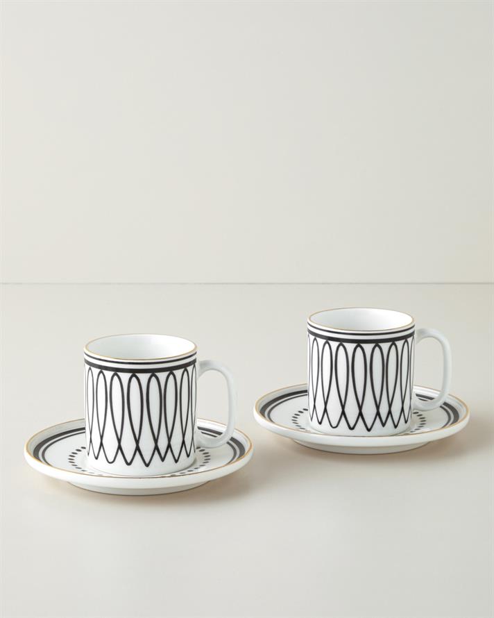 White Angles Bone Porselen 4 Parça 2 Kişilik Çay Fincanı Takımı 180 ml Siyah-Beyaz-Gold