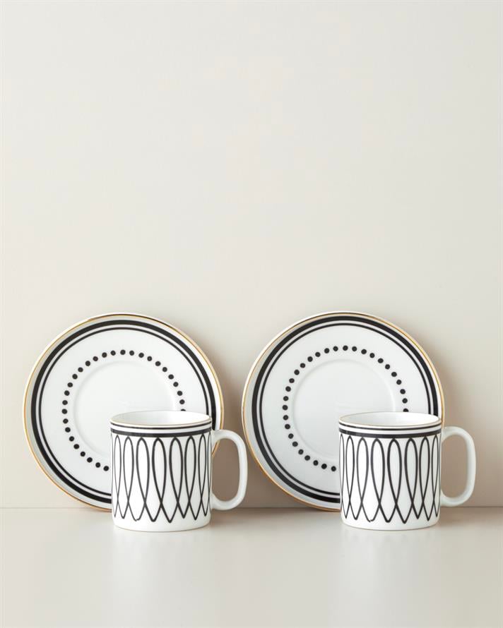 White Angles Bone Porselen 4 Parça 2 Kişilik Çay Fincanı Takımı 180 ml Siyah-Beyaz-Gold