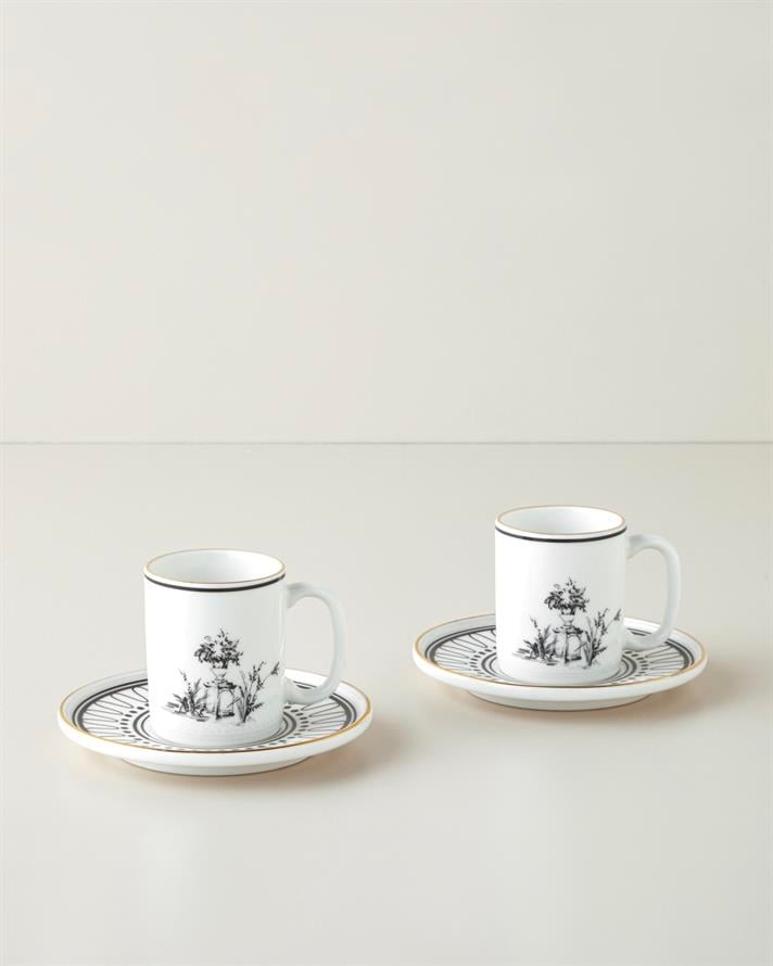 White Chic Bone Porselen 4 Parça 2 Kişilik Kahve Fincan Takımı 90 ml Siyah-Beyaz-Gold