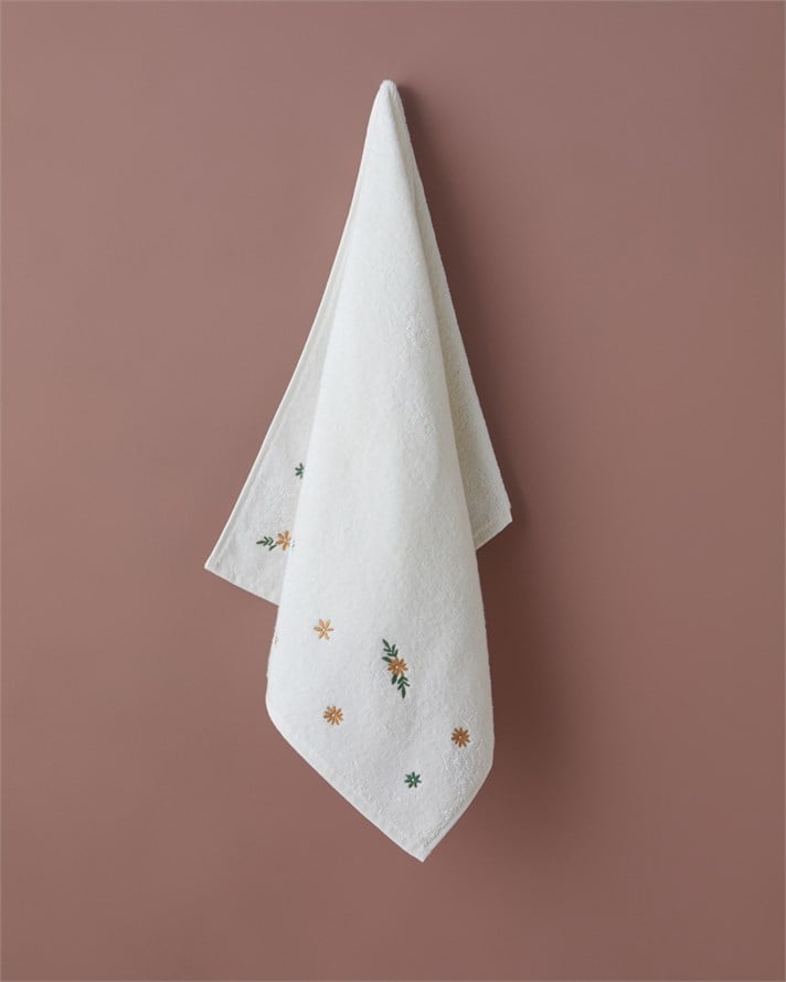 Wild Flower %100 Pamuk Nakışlı Yüz Havlusu 50x90 cm Beyaz - Sarı