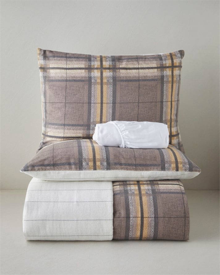 Windsor Plaid Flanel Çift Kişilik Çarşaflı Nevresim Takımı 200x220 cm Krem-Kahverengi