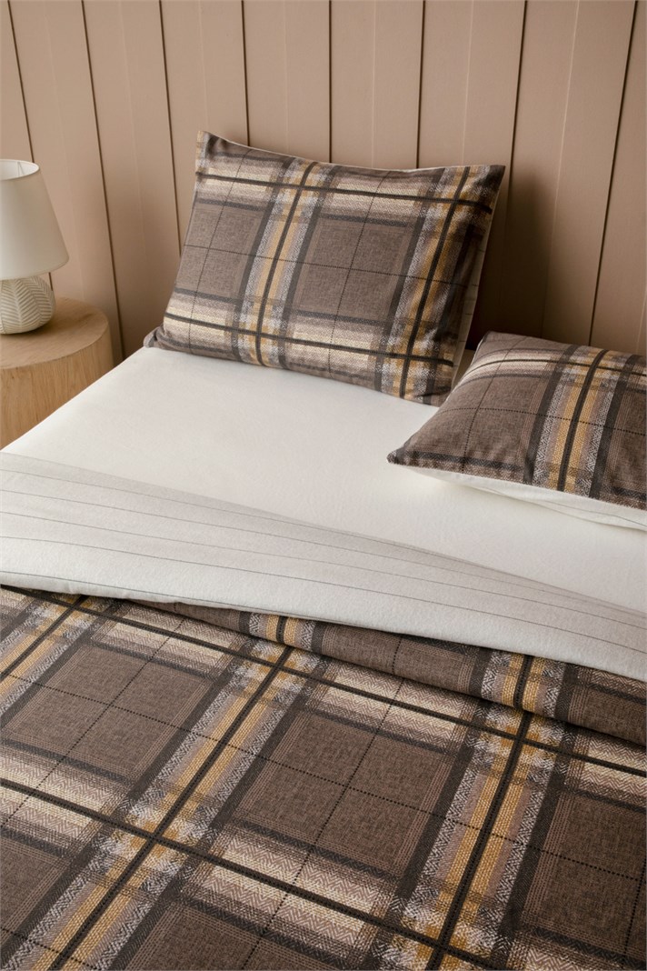 Windsor Plaid Flanel Tek Kişilik Çarşaflı Nevresim Takımı 160x220 cm Krem-Kahverengi