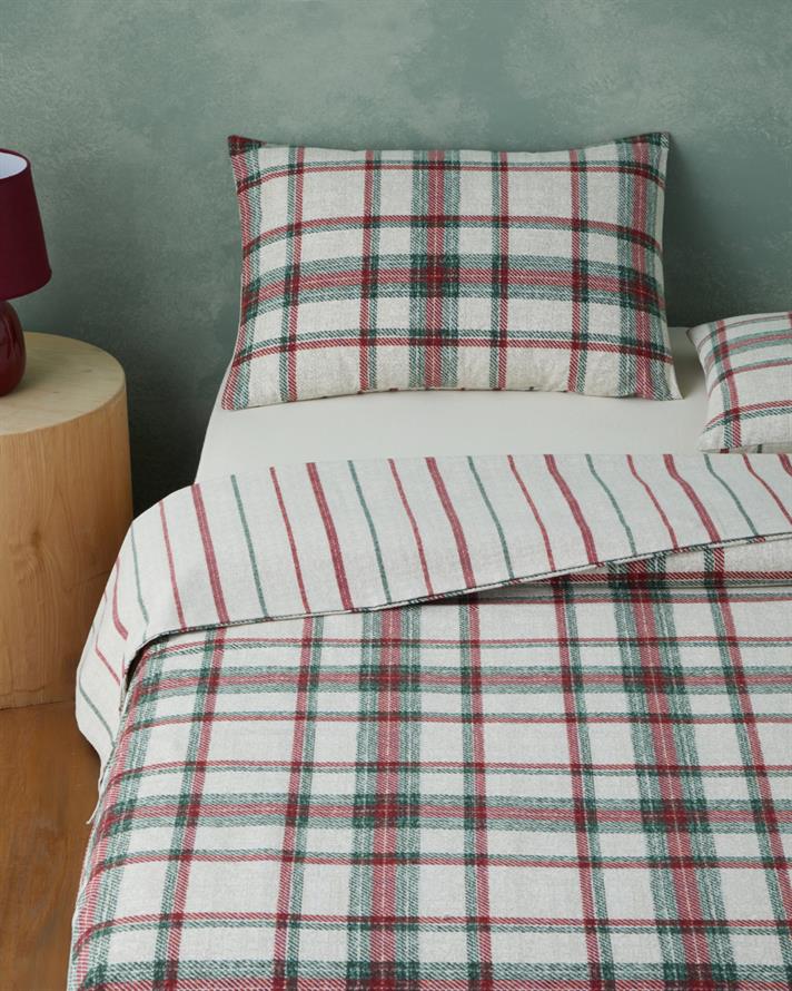 Winter Check Flanel Tek Kişilik Çarşaflı Nevresim Takımı 160x220 cm Yeşil – Kırmızı