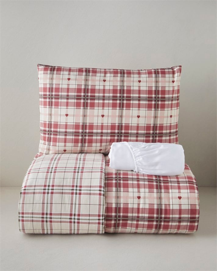 Winter Embrace Flanel Tek Kişilik Çarşaflı Nevresim Takımı 160x220 cm Kırmızı - Krem