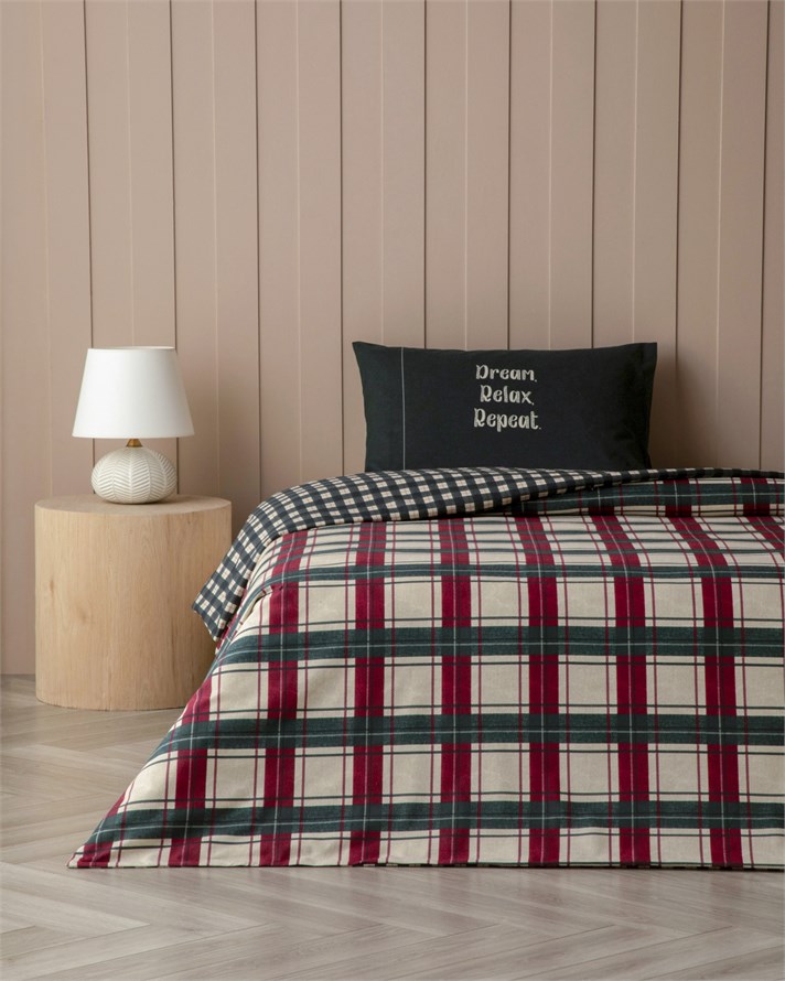 Winterland Flanel Tek Kişilik Çarşaflı Nevresim Takımı 160x220 cm Kırmızı-Yeşil-Krem