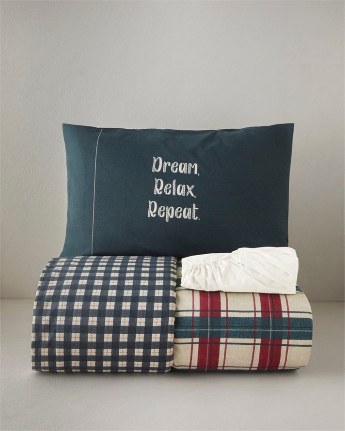Winterland Flanel Tek Kişilik Çarşaflı Nevresim Takımı 160x220 cm Kırmızı-Yeşil-Krem