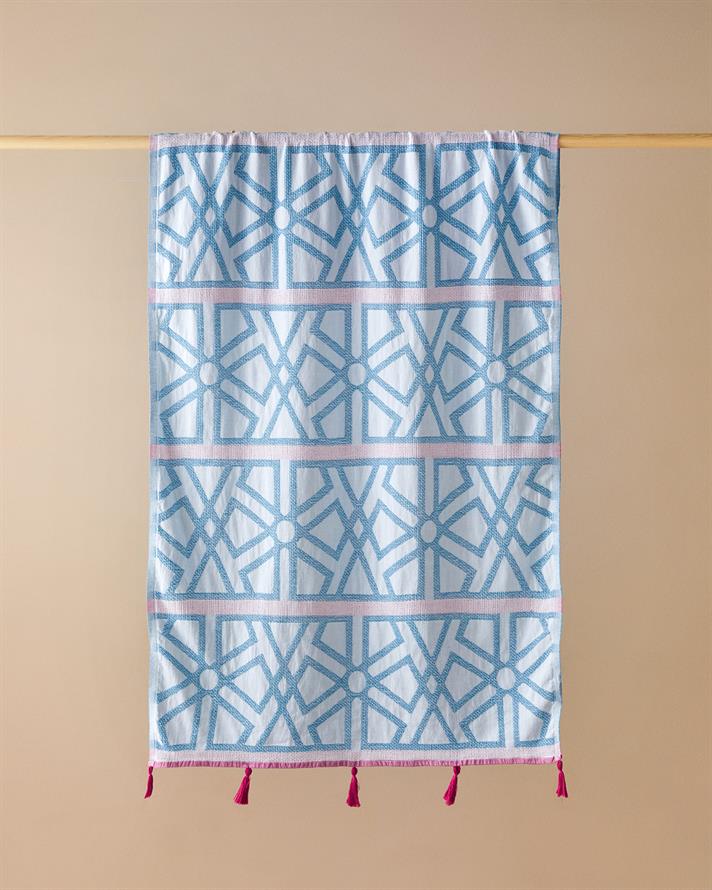 Zigzag Pamuklu Püsküllü Peştemal 90x150 cm Mavi-Fuşya
