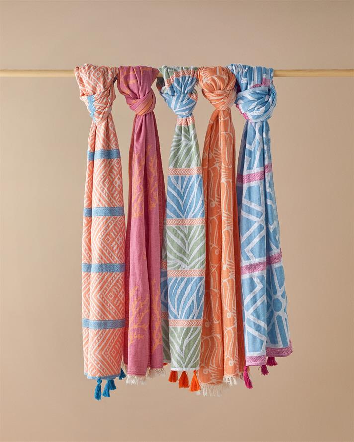 Zigzag Pamuklu Püsküllü Peştemal 90x150 cm Mavi-Fuşya