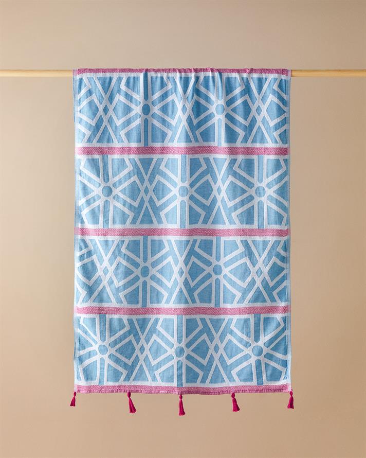 Zigzag Pamuklu Püsküllü Peştemal 90x150 cm Mavi-Fuşya