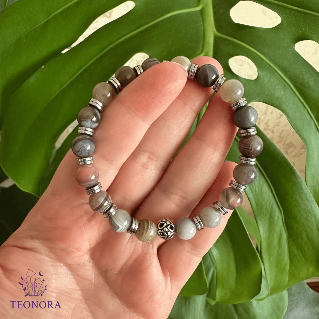 Botswana Akik & Hematit Bileklik (8mm) - Gümüş Aparatlı