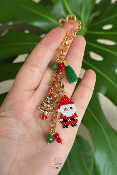Noel Baba Temalı Anahtrarlık & Çanta Süsü (Aventurin ve Mercan Taşlı)