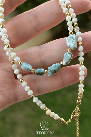 Larimar & Sedef Doğal Taş Kolye
