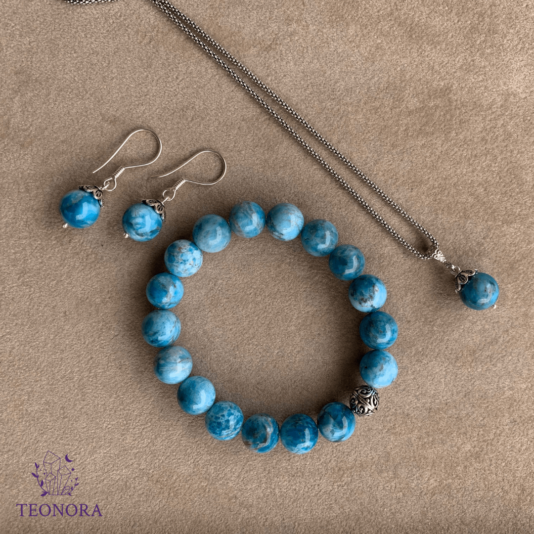 Apatit Taşlı 3'lü Gümüş Set (Açık Mavi -10mm)