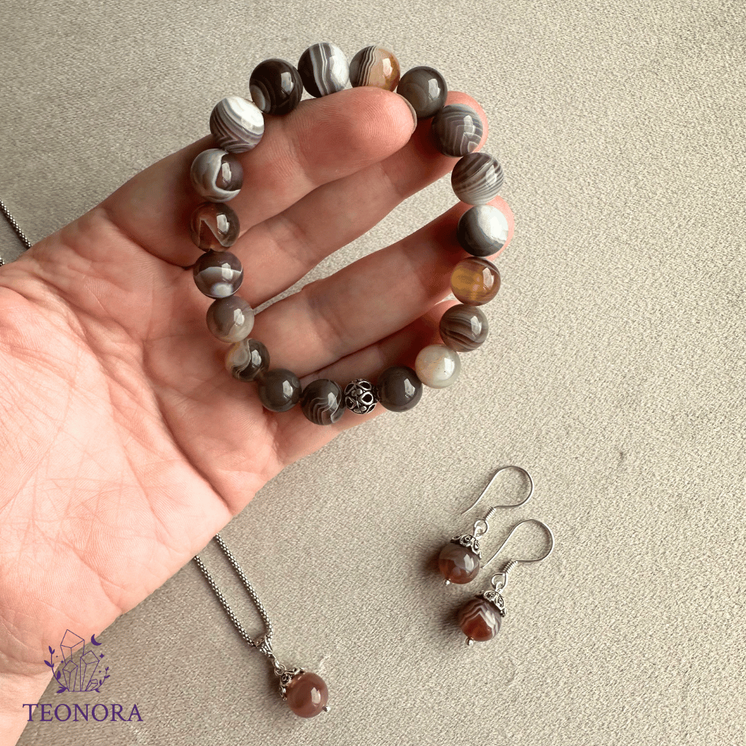 Botswana Akik Taşlı Gümüş Set (10mm)