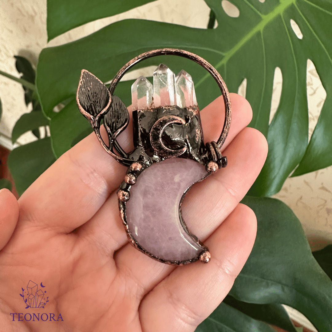 Pembe Kuvars & Kristal Kuvars Taşlı Bakır Kolye Ucu