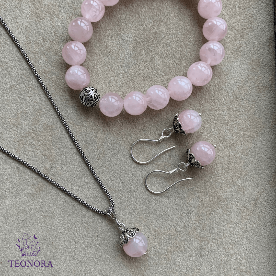 Pembe Kuvars Taşlı Gümüş Set (10mm)