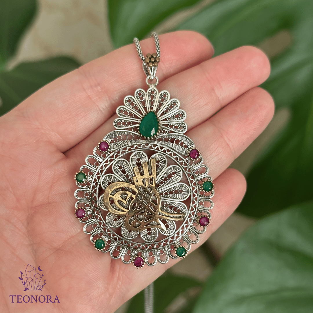 Tılsım Model Telkari Gümüş Kolye (Kırmızı - Yeşil Taşlı)