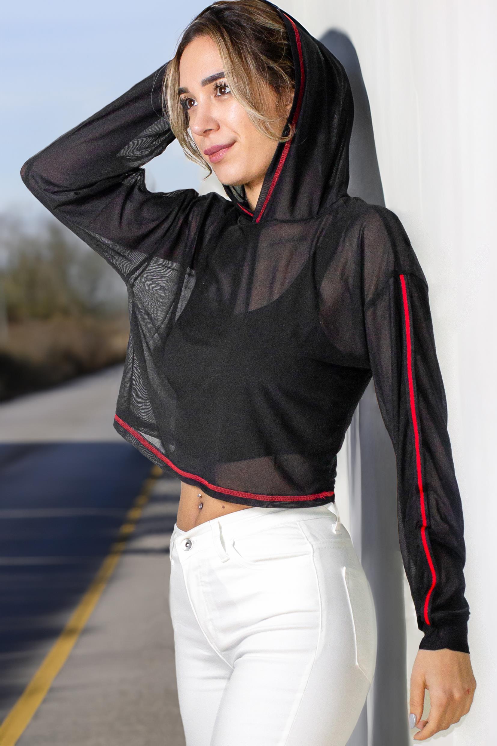Kadın Siyah Kapüşonlu Active Spor File Transparan Sweatshirt