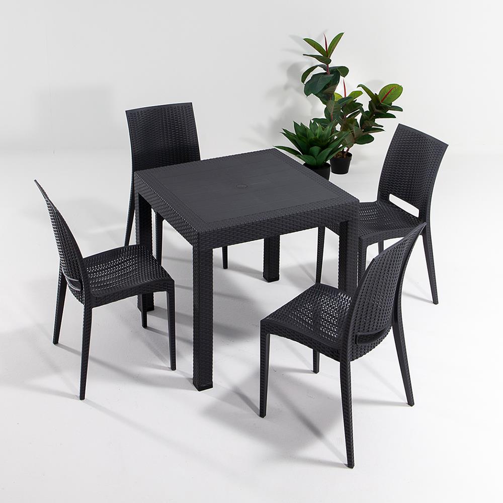 Rattan 80x80 Camsız Masa, Rattan Kolsuz 4 Adet Sandalye Bahçe Seti, Antrasit