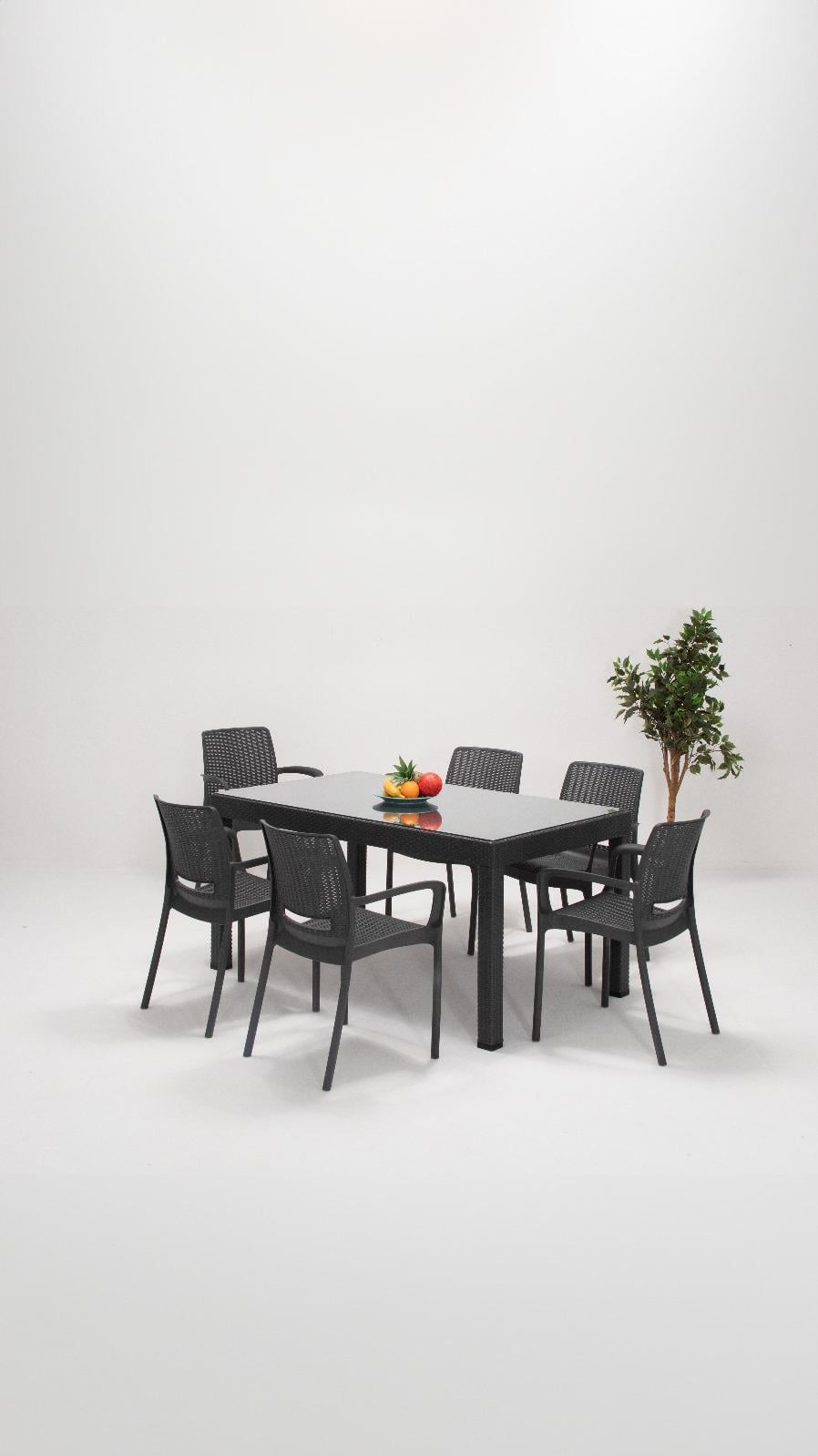 Rattan 90x150 Camlı Masa / Rattan Kollu 6 Adet Sandalye Bahçe Seti - Antrasit