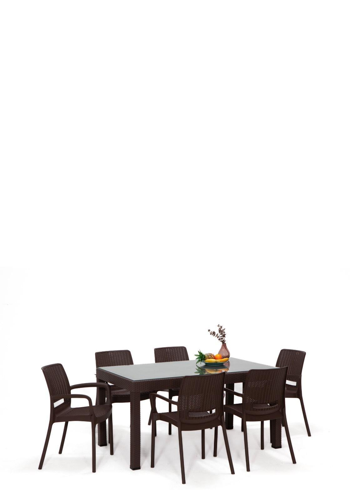 Rattan 90x150 Camlı Masa / Rattan Kollu 6 Adet Sandalye Bahçe Seti - Kahve