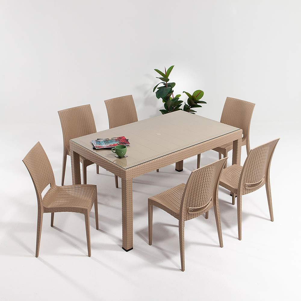 Rattan 90x150 Camlı Masa / Rattan Kolsuz 6 Adet Sandalye Bahçe Seti - Cappucino