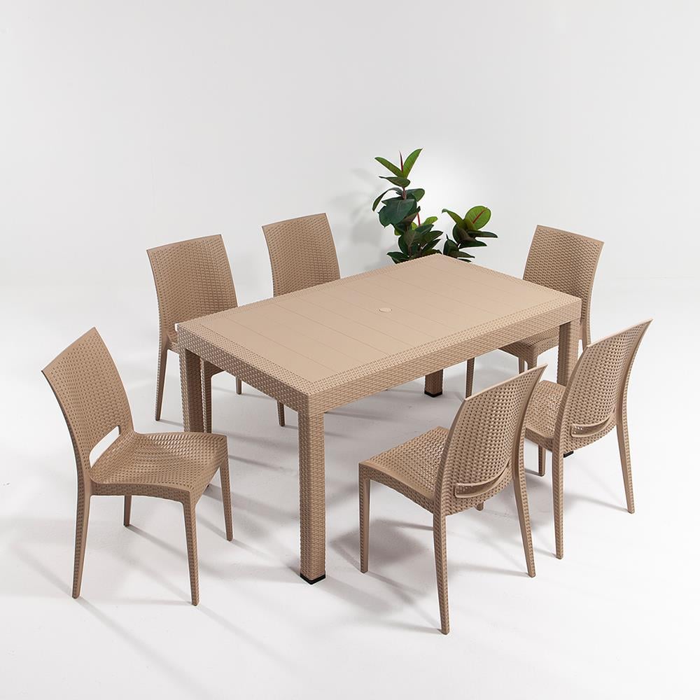 Rattan 90x150 Camsız Masa / Rattan Kolsuz 6 Adet Sandalye Bahçe Seti - Cappucino