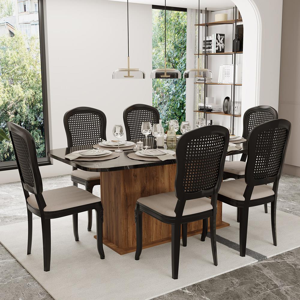 Etna Sonata Siyah Mermer & Lidya Ceviz / Venza Masa Takımı