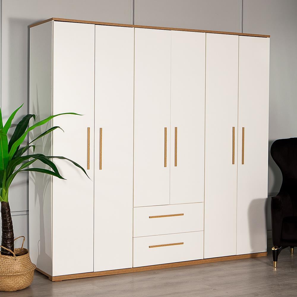 Eva 602 - 6 Kapaklı Gardırop - Sarı Meşe/Beyaz