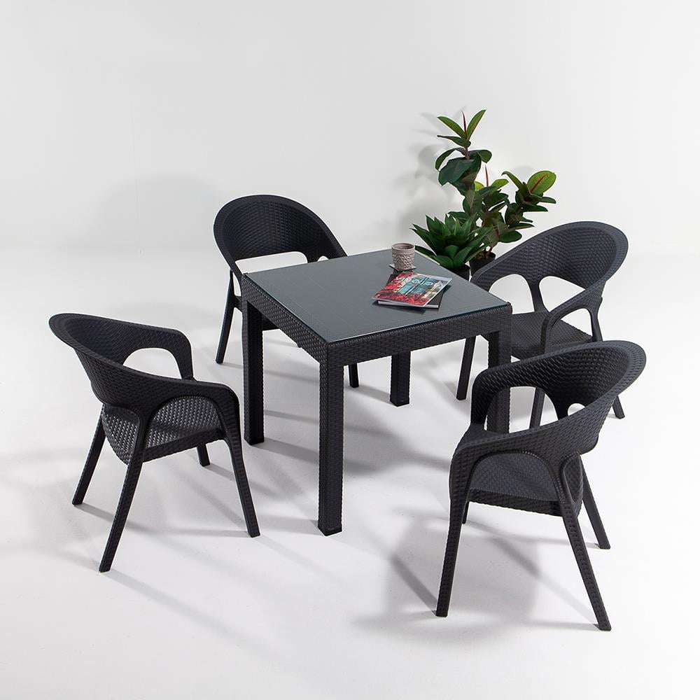 Rattan 80x80 Camlı Masa, Garden 4 Adet Sandalye Bahçe Seti, Antrasit