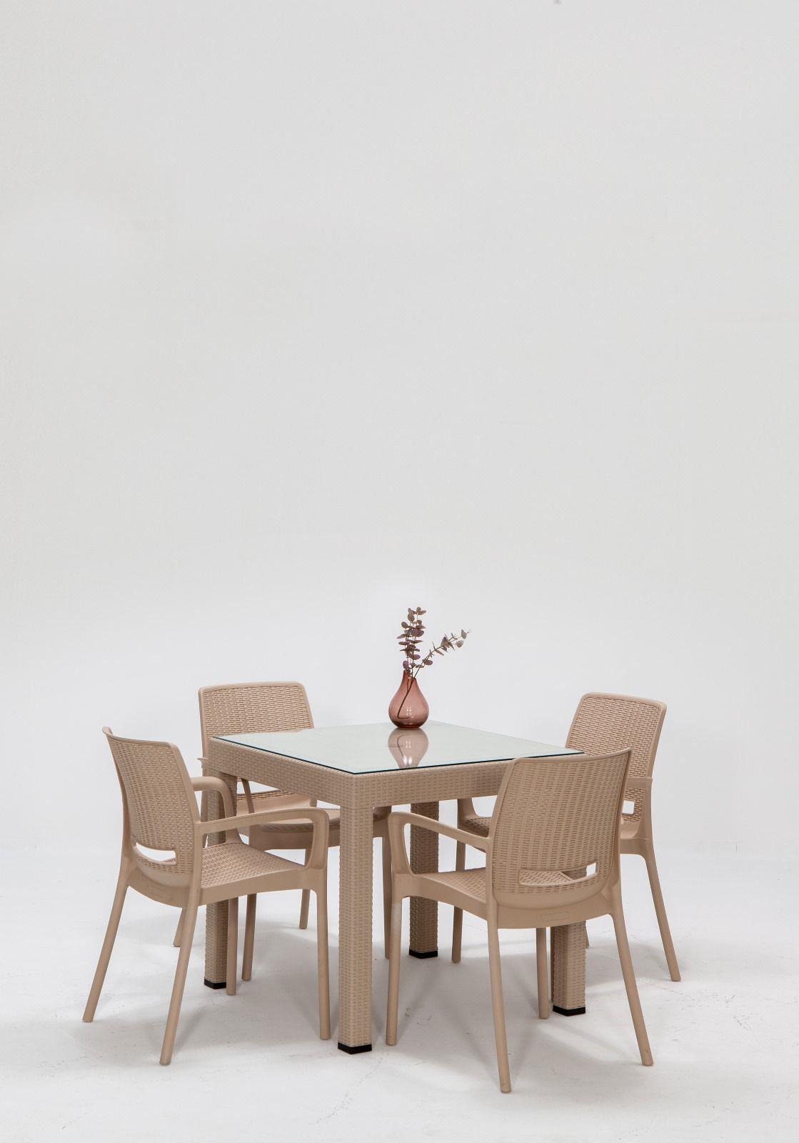Rattan 80x80 Camlı Masa / Rattan Kollu 4 Adet Sandalye Bahçe Seti - Cappucino