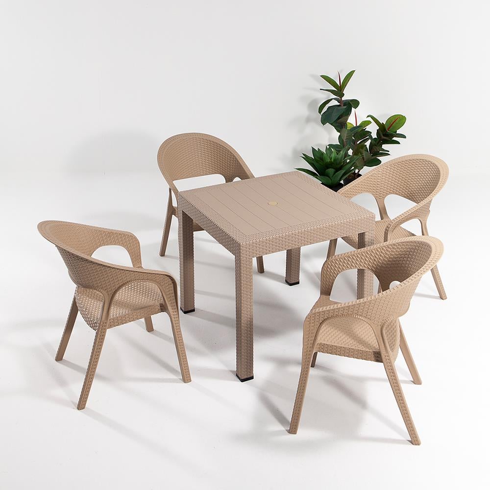 Rattan 80x80 Camsız Masa, Garden 4 Adet Sandalye Bahçe Seti, Cappucino