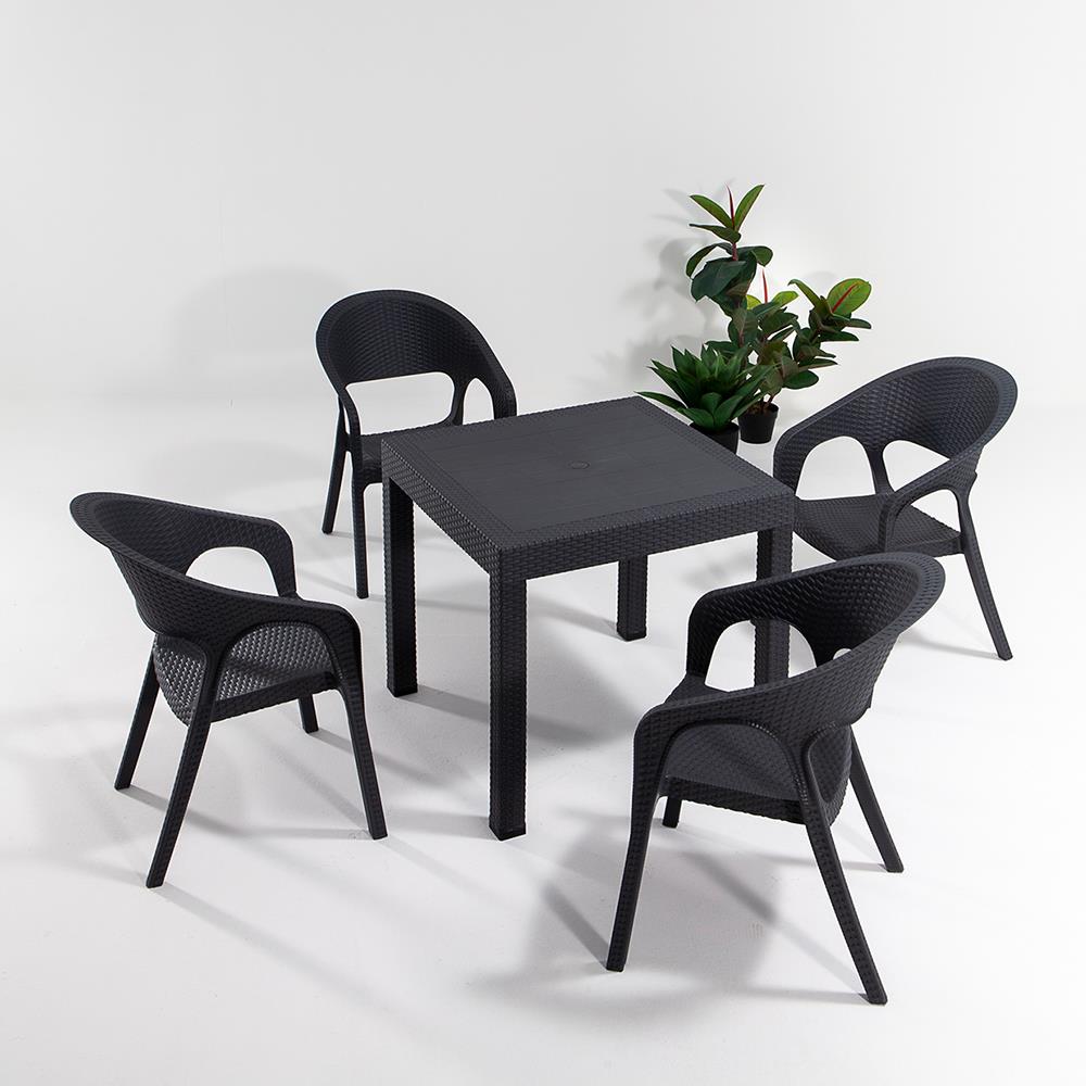 Rattan 80x80 Camsız Masa, Garden 4 Adet Sandalye Bahçe Seti, Antrasit