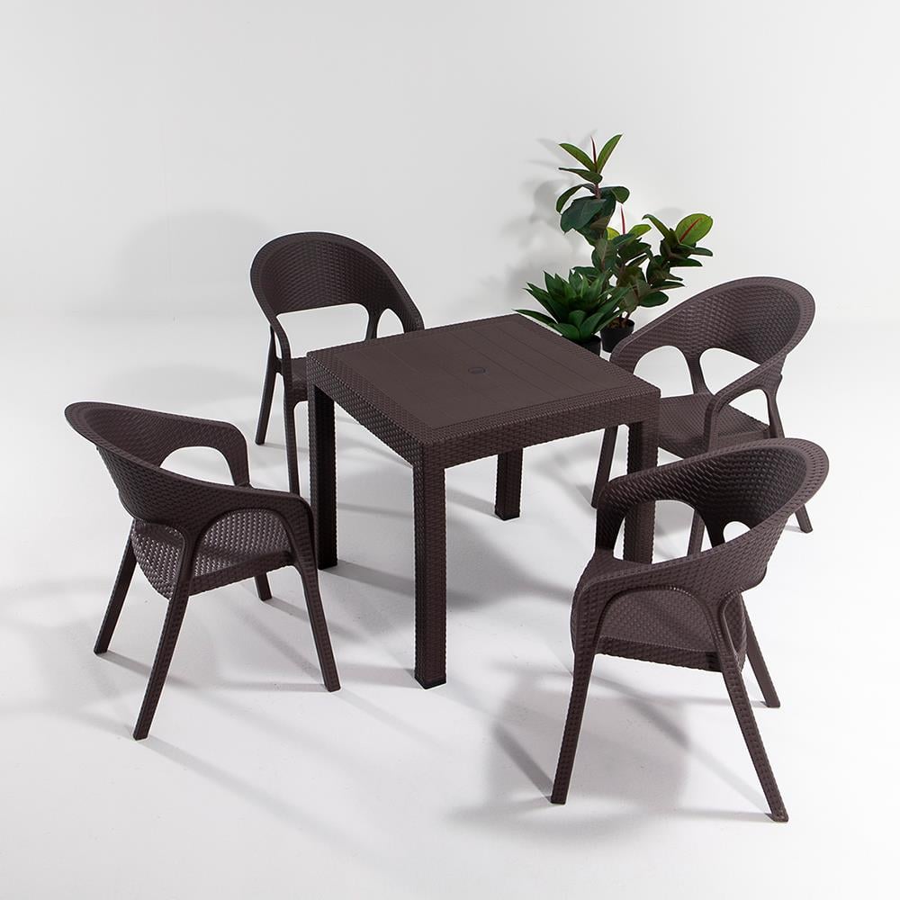 Rattan 80x80 Camsız Masa, Garden 4 Adet Sandalye Bahçe Seti, Kahve