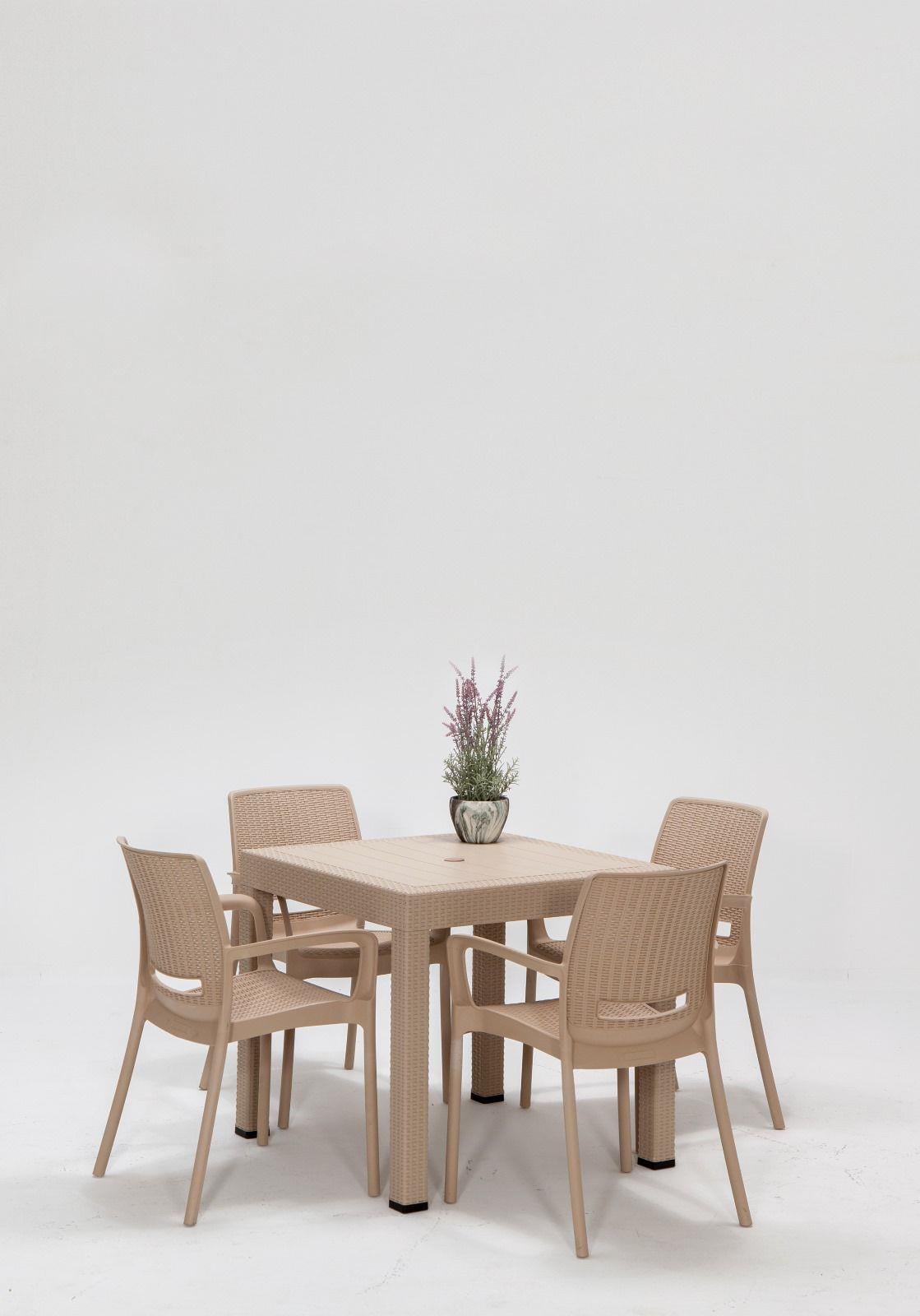 Rattan 80x80 Camsız Masa / Rattan Kollu 4 Adet Sandalye Bahçe Seti - Cappucino