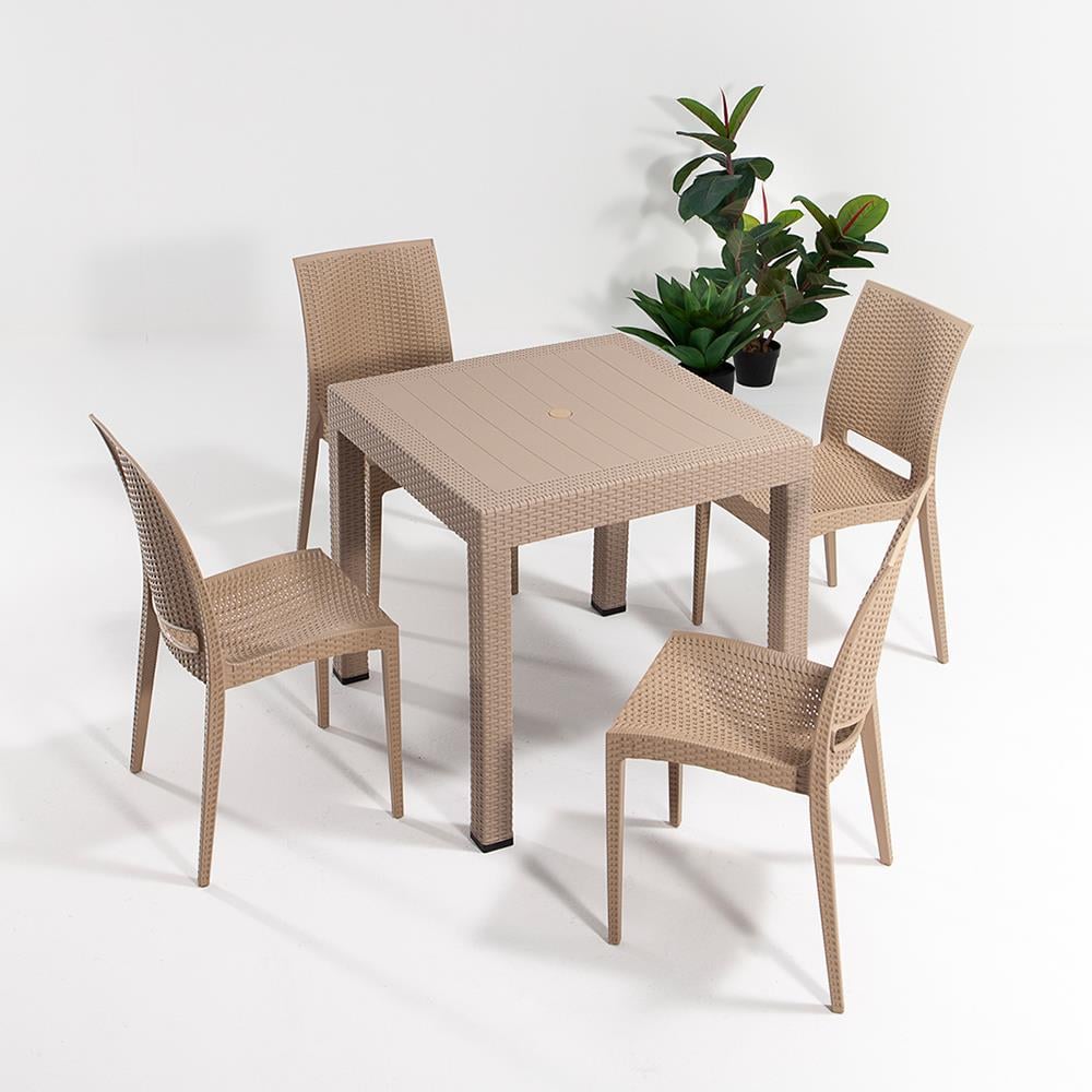 Rattan 80x80 Camsız Masa, Rattan Kolsuz 4 Adet Sandalye Bahçe Seti, Cappucino