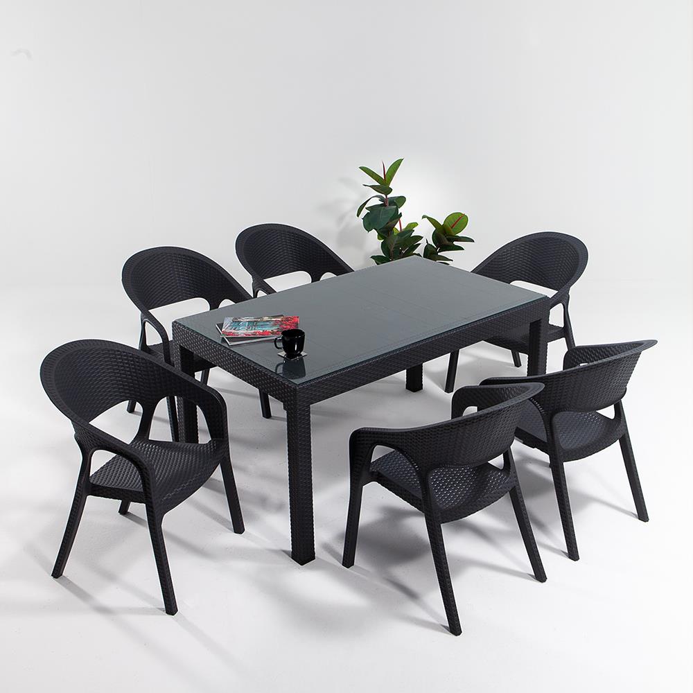 Rattan 90x150 Camlı Masa, Garden 6 Adet Sandalye Bahçe Seti, Antrasit
