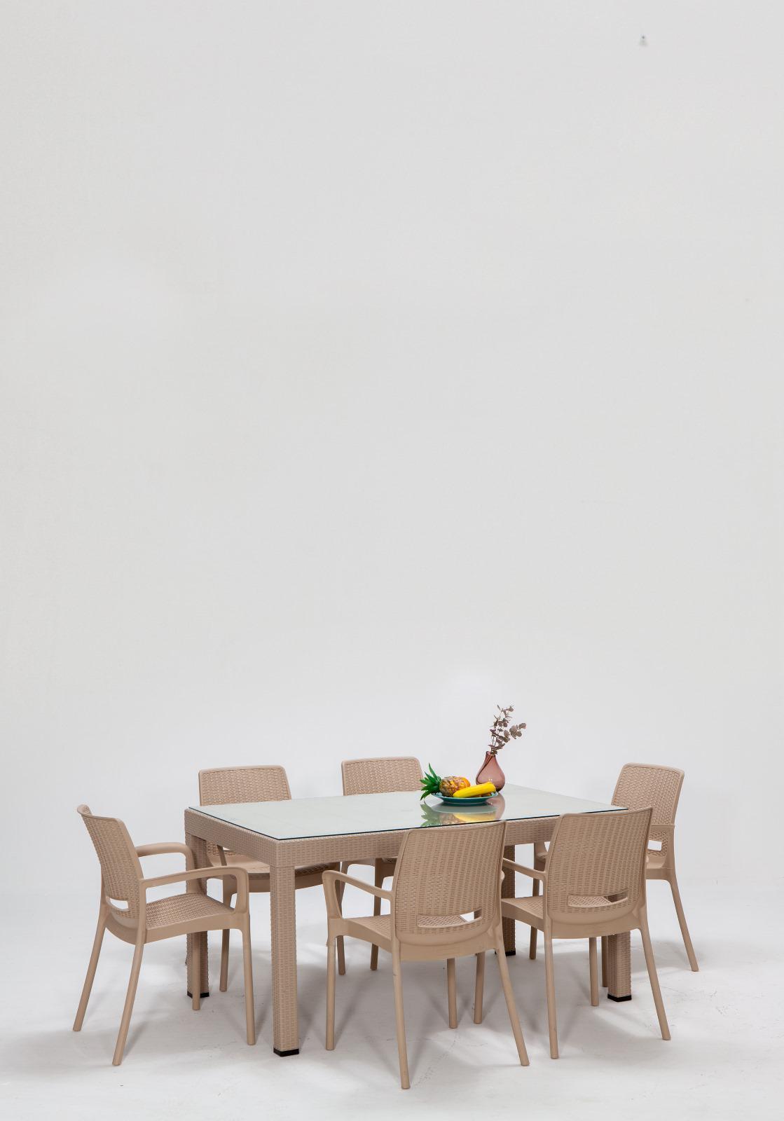Rattan 90x150 Camlı Masa / Rattan Kollu 6 Adet Sandalye Bahçe Seti - Cappucino