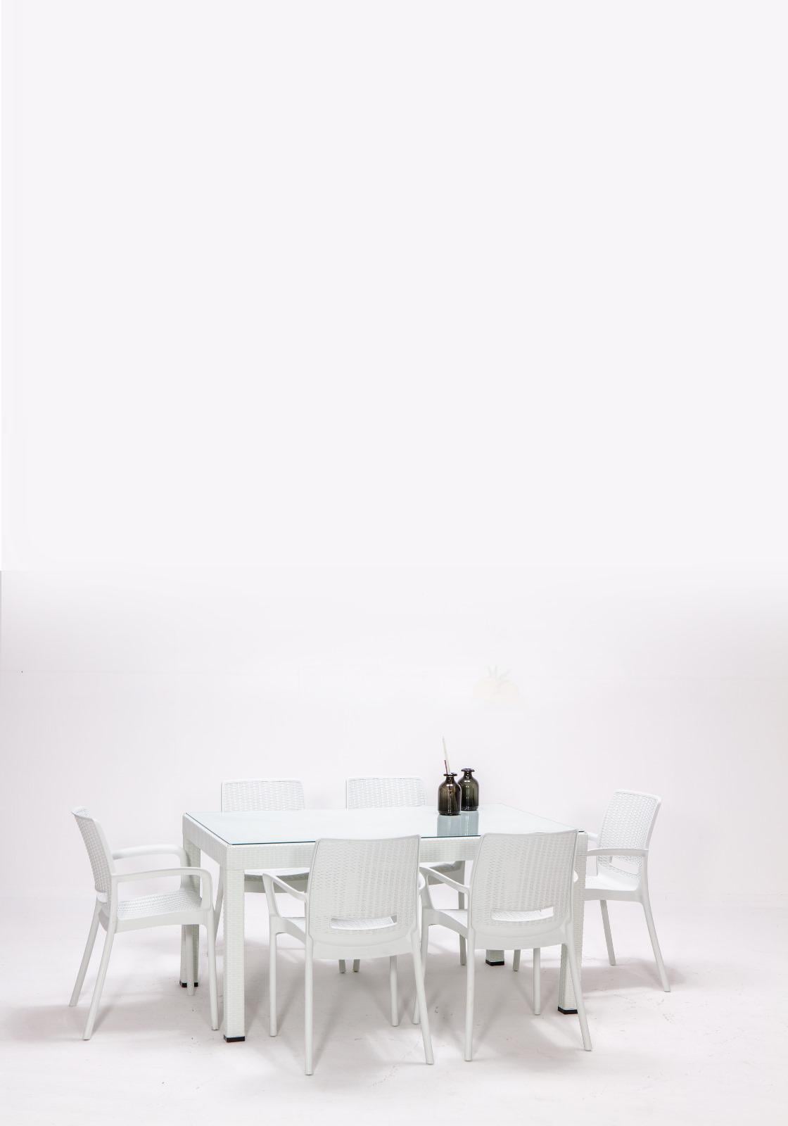 Rattan 90x150 Camlı Masa / Rattan Kollu 6 Adet Sandalye Bahçe Seti - Beyaz