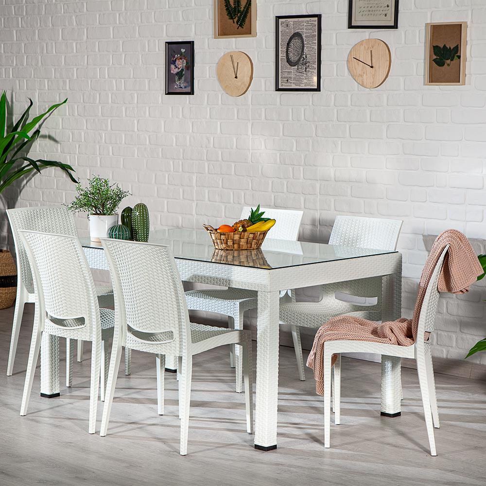 Rattan 90x150 Camlı Masa / Rattan Kolsuz 6 Adet Sandalye Bahçe Seti - Beyaz