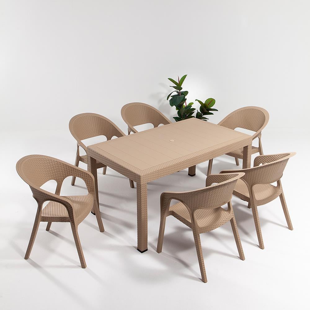 Rattan 90x150 Camsız Masa, Garden 6 Adet Sandalye Bahçe Seti, Cappucino