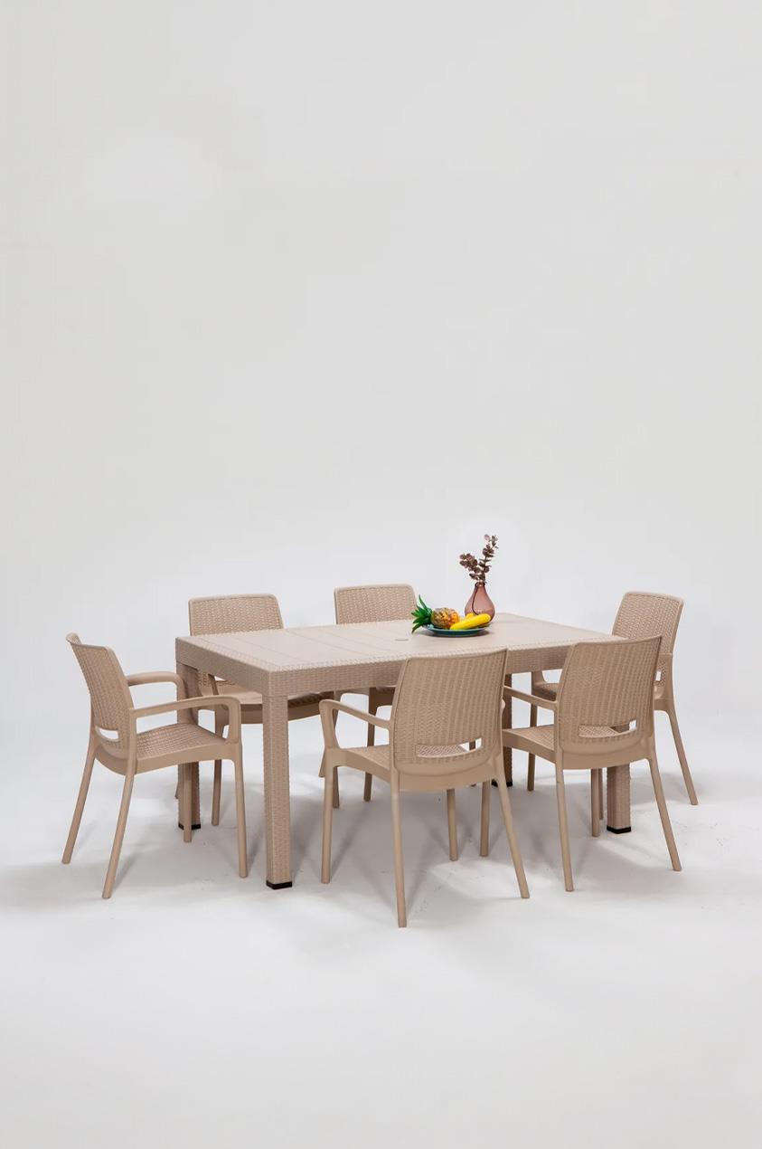 Rattan 90x150 Camsız Masa / Rattan Kollu 6 Adet Sandalye Bahçe Seti - Cappucino