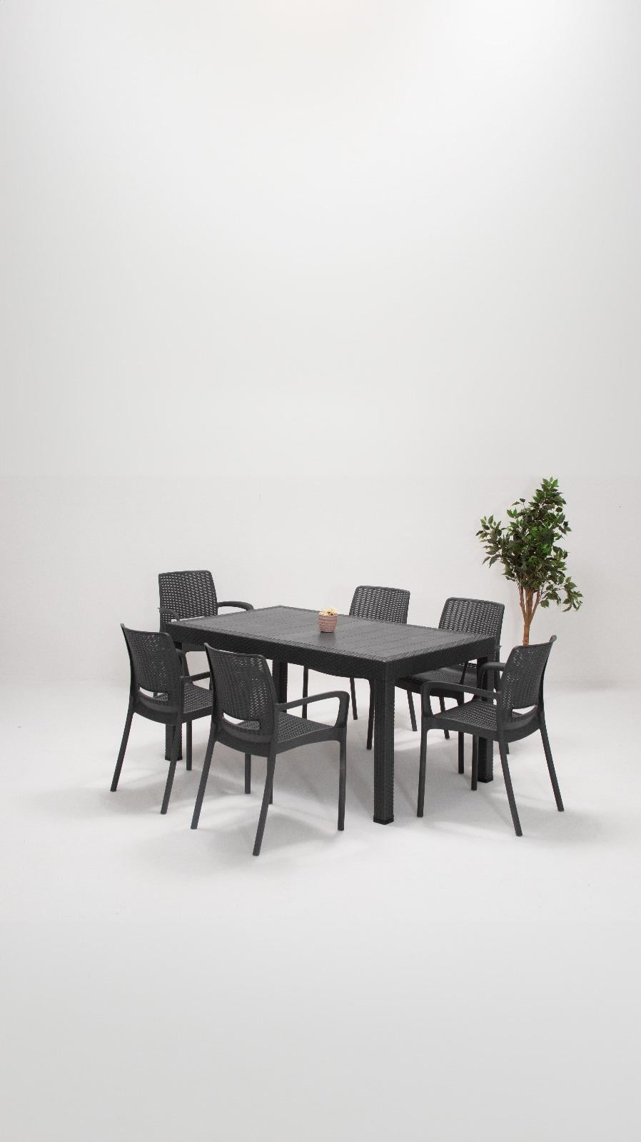 Rattan 90x150 Camsız Masa / Rattan Kollu 6 Adet Sandalye Bahçe Seti - Antrasit